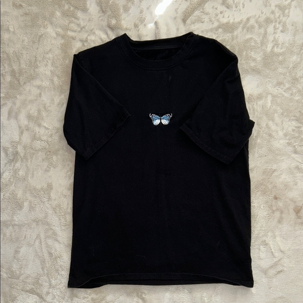 Black Shirt with Embroidered Butterfly Design